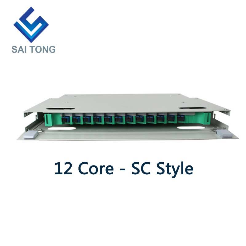 SaiTong FTTH 19 인치 랙 마운트 12 포트 캐비닛 SC/FC ODF 1 U 12 코어 광섬유 분배 프레임 옵션 완전 부하