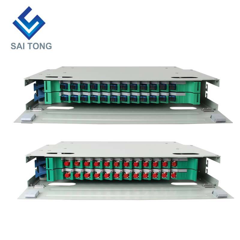 SaiTong FTTH 19 인치 랙 장착 24 포트 캐비닛 SC/FC ODF 2 U 24 코어 광섬유 분배 프레임 옵션 완전 부하