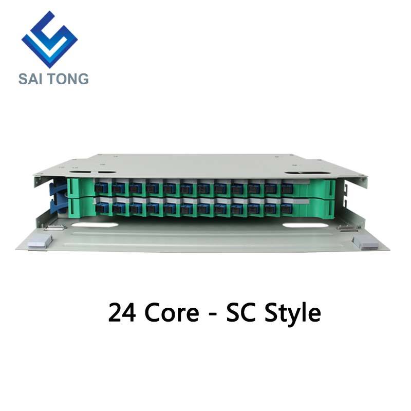 SaiTong FTTH 19 인치 랙 장착 24 포트 캐비닛 SC/FC ODF 2 U 24 코어 광섬유 분배 프레임 옵션 완전 부하