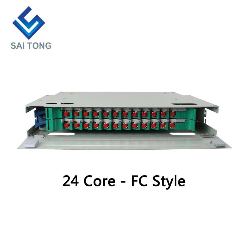 SaiTong FTTH 19 인치 랙 장착 24 포트 캐비닛 SC/FC ODF 2 U 24 코어 광섬유 분배 프레임 옵션 완전 부하